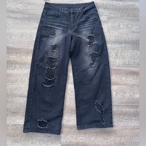 New!! Womens/Men Baggy Black Distressed Straight Leg Jeans - Large